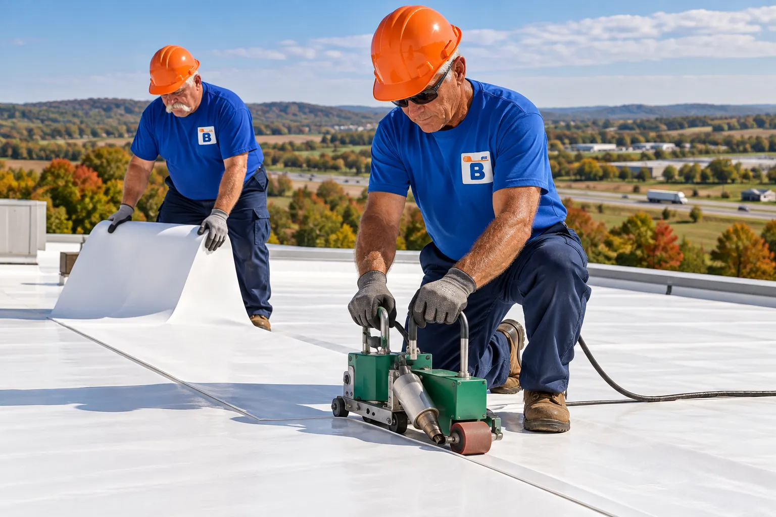 Roofing crew installing a white TPO membrane on a commercial low-slope roof