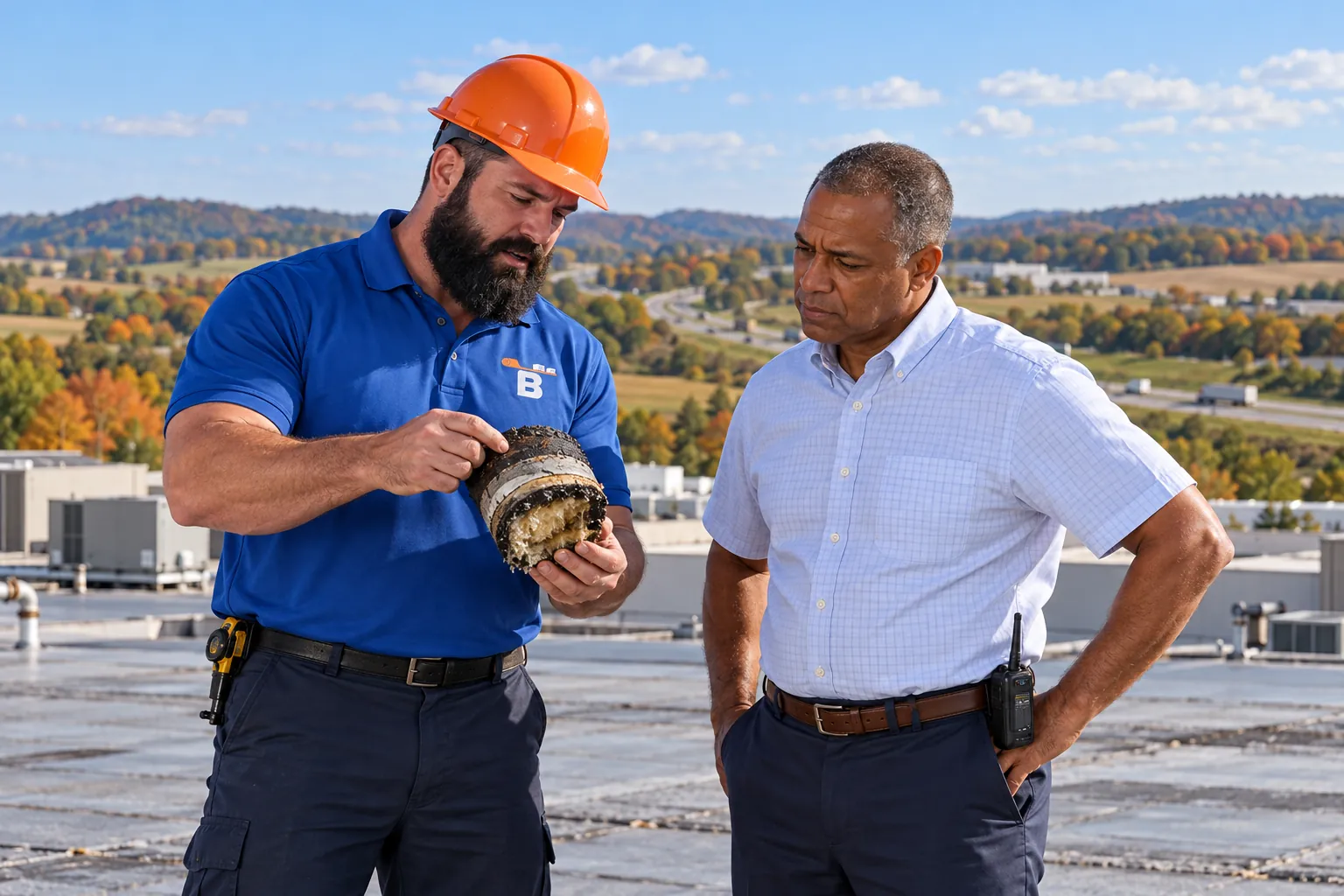 Roofer walking a commercial roof to inspect seams, drains, and flashing