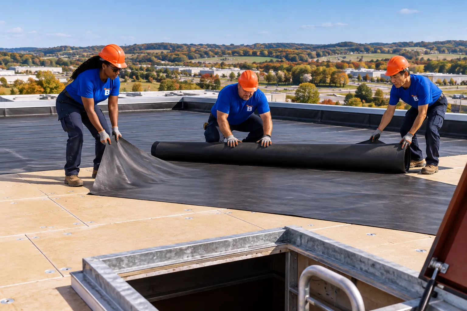 Crew working on an EPDM rubber membrane roof on a commercial building
