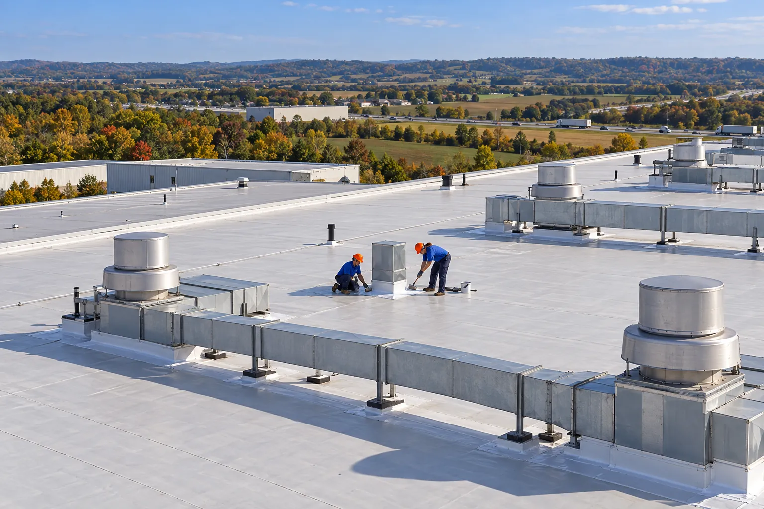 Aerial view of a large industrial roof with rooftop equipment