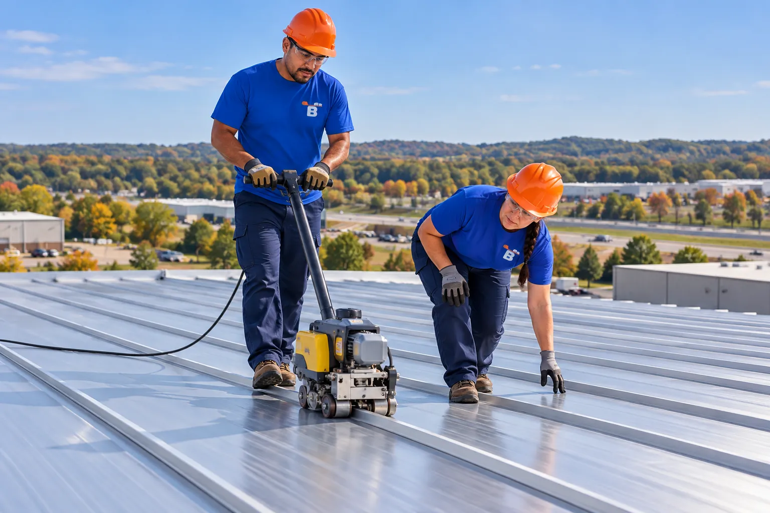 Roofers fastening metal roof panels on a commercial building