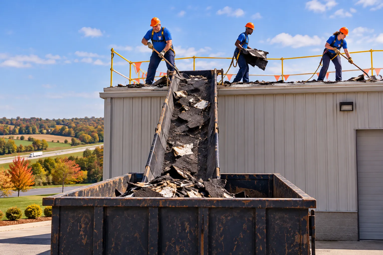 Crew tearing off an old flat roof down to the deck on a commercial building